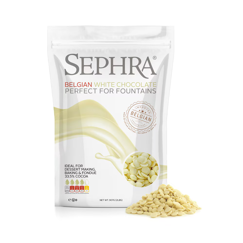 Sephra Belgian White Chocolate 2.5kg bag, premium creamy white chocolate ideal for fountains, baking, drizzling, and desserts.