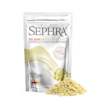 Sephra Belgian White Chocolate 907g bag  premium creamy white chocolate for fountains, drizzling, dipping, baking, and desserts.