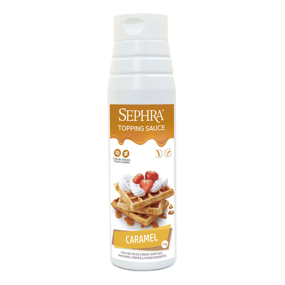 Sephra Caramel Topping Sauce 1kg squeezable bottle, golden dessert sauce for waffles, crepes, ice cream, milkshakes, and sundaes.