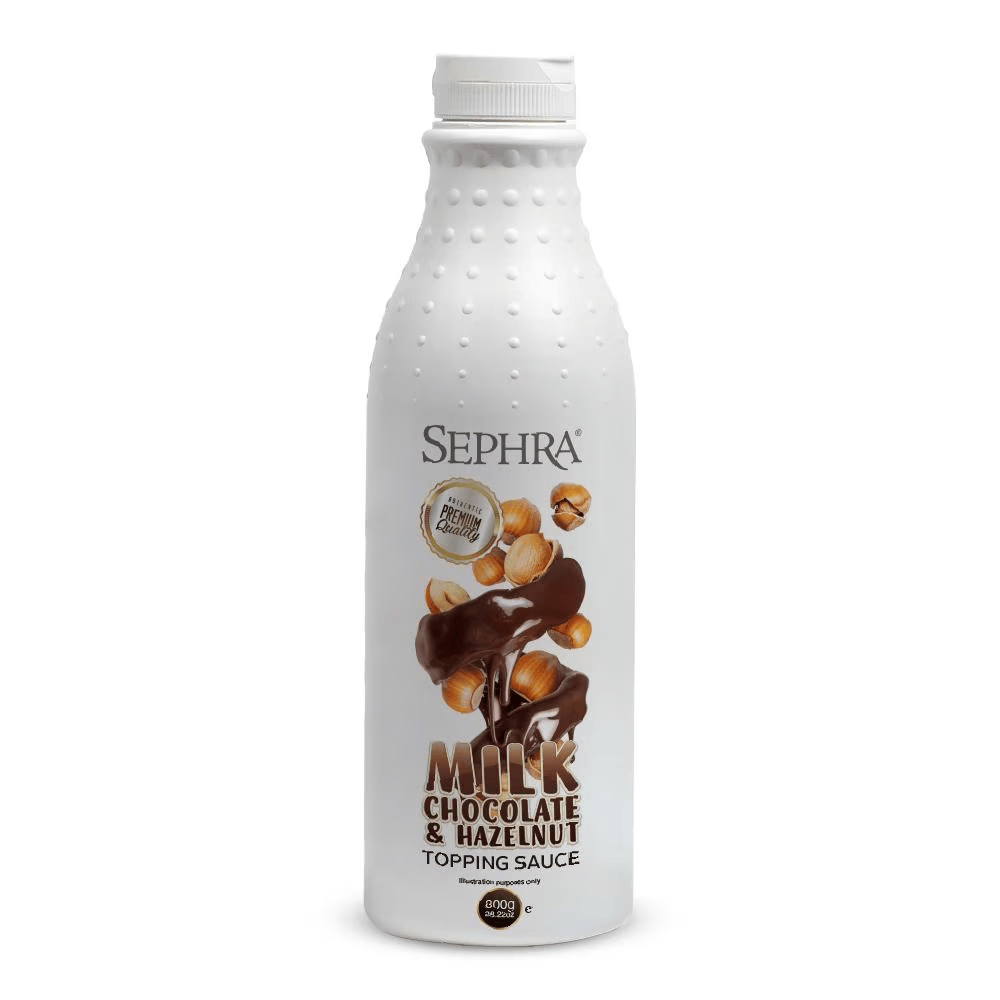 Sephra Chocolate Hazelnut Topping Sauce 800g squeezable bottle, Nutella-inspired dessert sauce for waffles, crepes, pancakes, and ice cream.