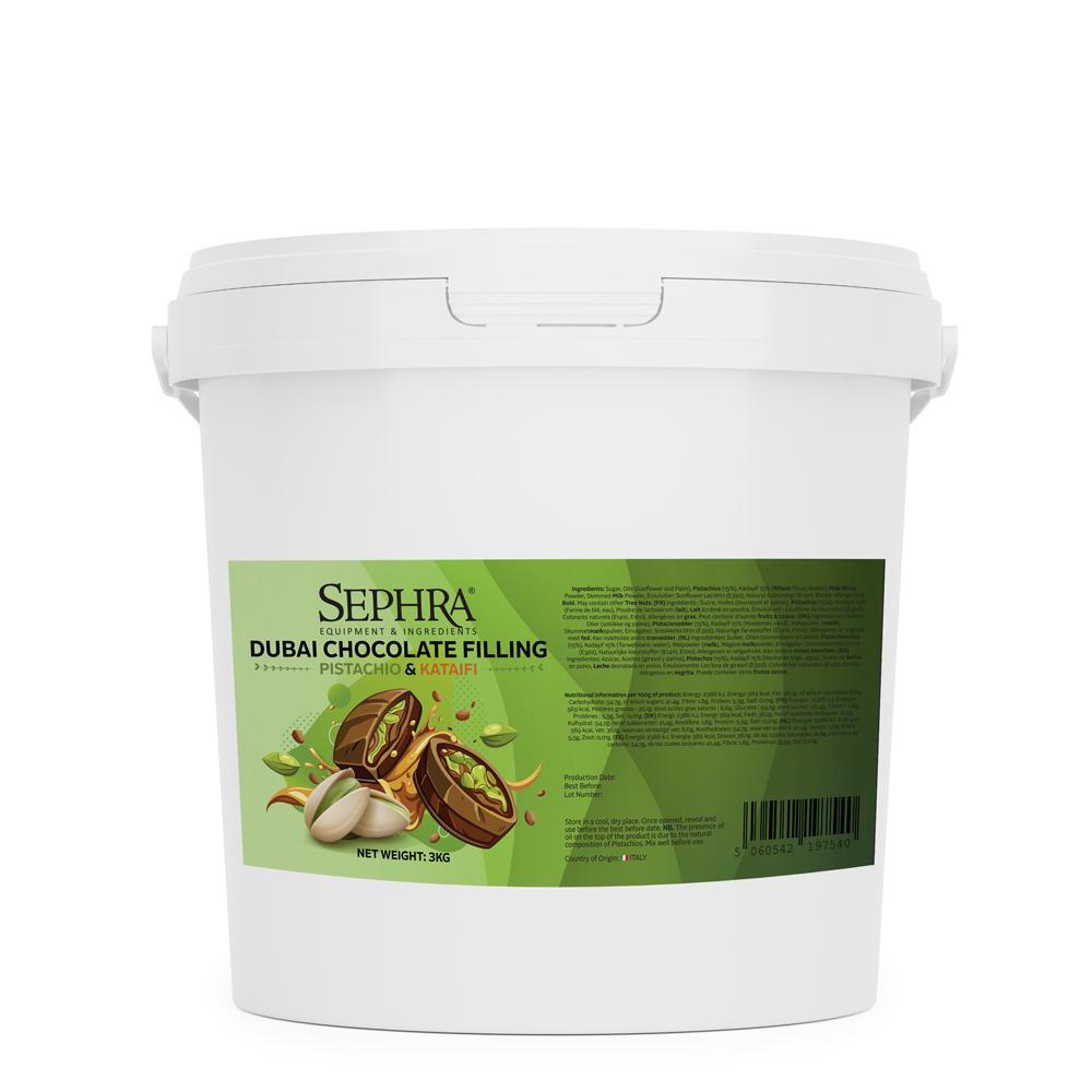 White bucket of Sephra Dubai Chocolate Filling, featuring a green label with pistachio and kataifi imagery. Contains 3kg of product.