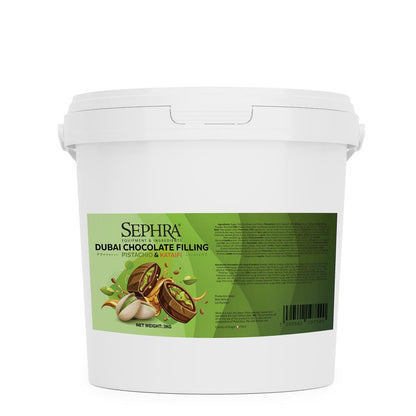 White bucket of Sephra Dubai Chocolate Filling, featuring a green label with pistachio and kataifi imagery. Contains 3kg of product.