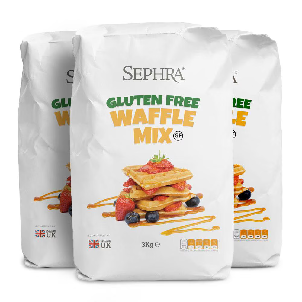 Sephra Gluten Free Waffle Mix packaging, 3kg bag for making golden brown waffles, suitable for vegetarians.
