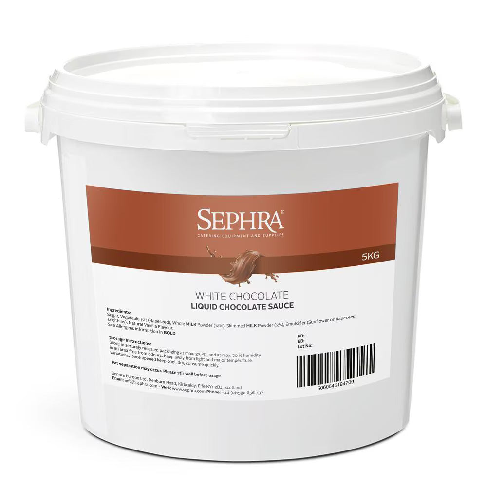 White plastic tub of Sephra white chocolate liquid sauce, 5kg. Label is brown and white with product details. Lid has secure grip handles.
