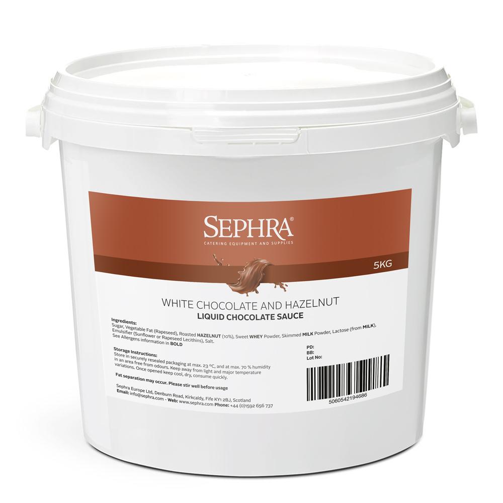 White plastic tub labeled "Sephra White Chocolate and Hazelnut Liquid Chocolate Sauce." The 5kg container features a brown label and a small illustration of chocolate.