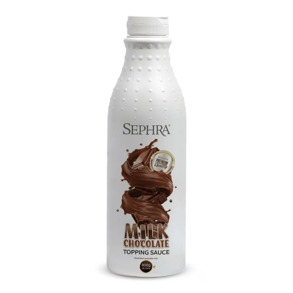 Sephra Milk Chocolate Sauce 800g squeezable bottle, smooth and creamy dessert topping for waffles, crepes, pancakes, ice cream, and milkshakes.