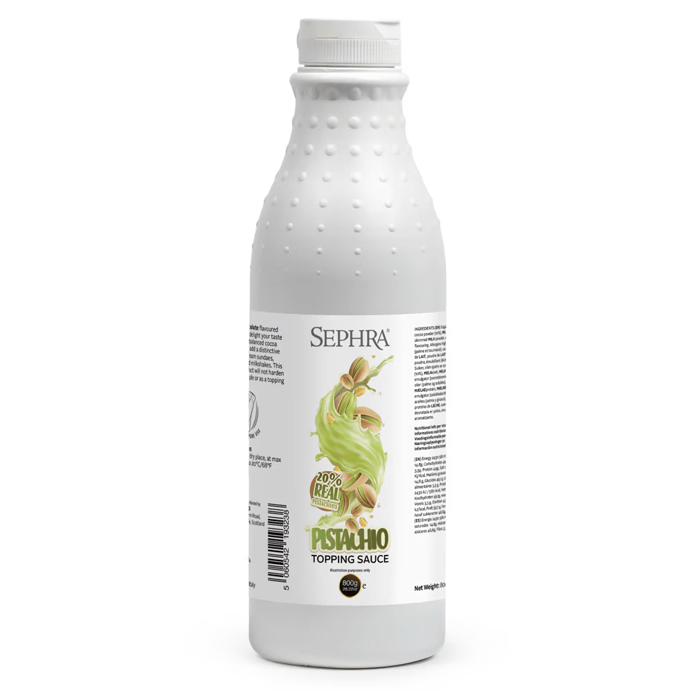 A white bottle of Sephra Pistachio Topping Sauce with a textured grip and a label showing pistachios and green sauce. The label states "20% real pistachios" and "Net Weight: 800 g.