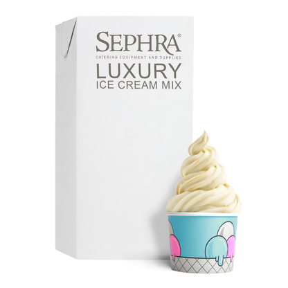 Sephra Luxury Soft Serve Ice Cream Mix 12 × 1L cartons, made with 100% Jersey Cream, premium gluten-free soft serve mix for rich and creamy desserts.