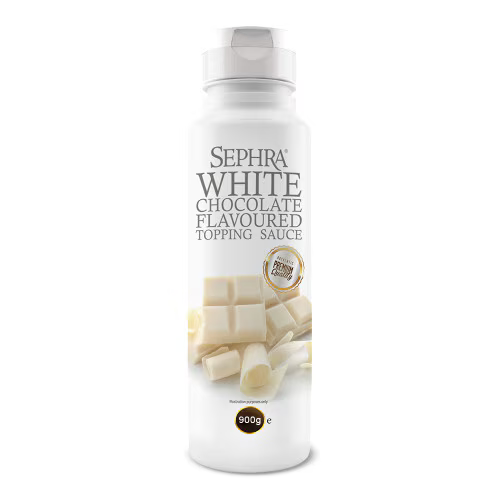 Sephra White Chocolate Topping Sauce 900g squeeze bottle with resealable non-drip cap, made with real cocoa butter for desserts and drinks.