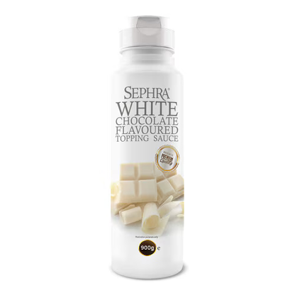 Sephra White Chocolate Topping Sauce 900g squeeze bottle with resealable non-drip cap, made with real cocoa butter for desserts and drinks.