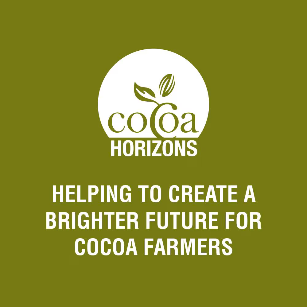 Cocoa Horizons logo on an olive-green background with the text “Helping to create a brighter future for cocoa farmers.