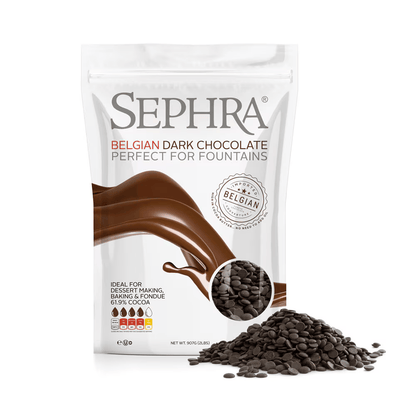 Sephra Belgian Dark Chocolate 907g bag of couverture chocolate callets, gluten free and kosher dairy, ideal for dipping, baking, and small chocolate fountains.