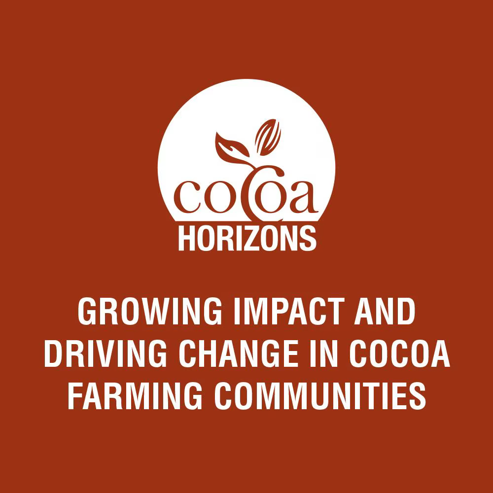 Cocoa Horizons logo on a reddish-brown background with the text “Growing impact and driving change in cocoa farming communities.