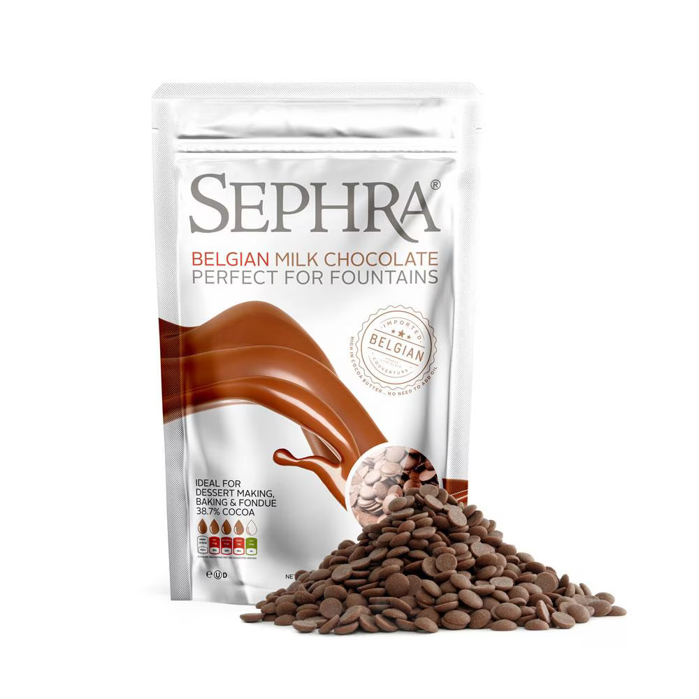 Sephra Belgian Milk Chocolate 2.5kg couverture chocolate in microwave-safe bags, ideal for fountains, dipping, baking, and professional dessert making.