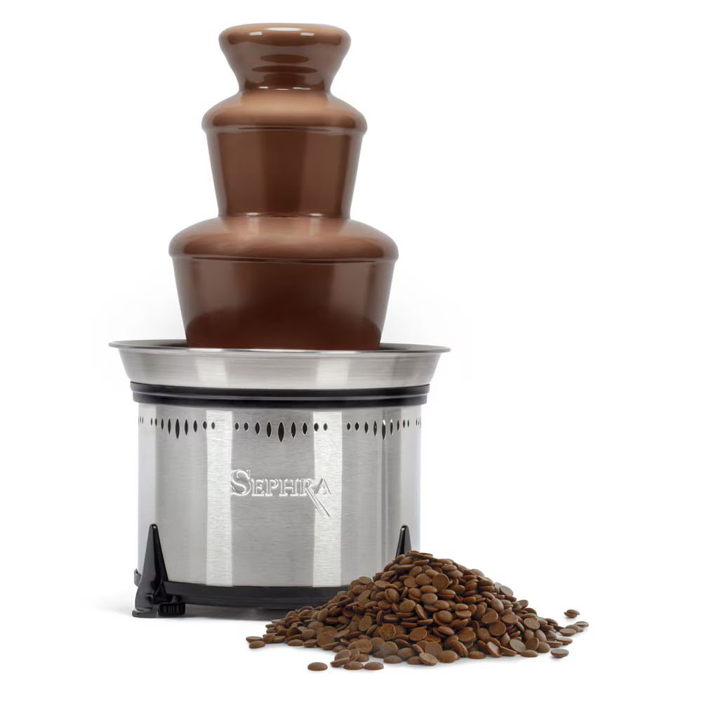 Sephra chocolate fountain with smooth flowing Belgian milk chocolate and chocolate buttons, perfect for events, desserts, waffles, crepes, and catering