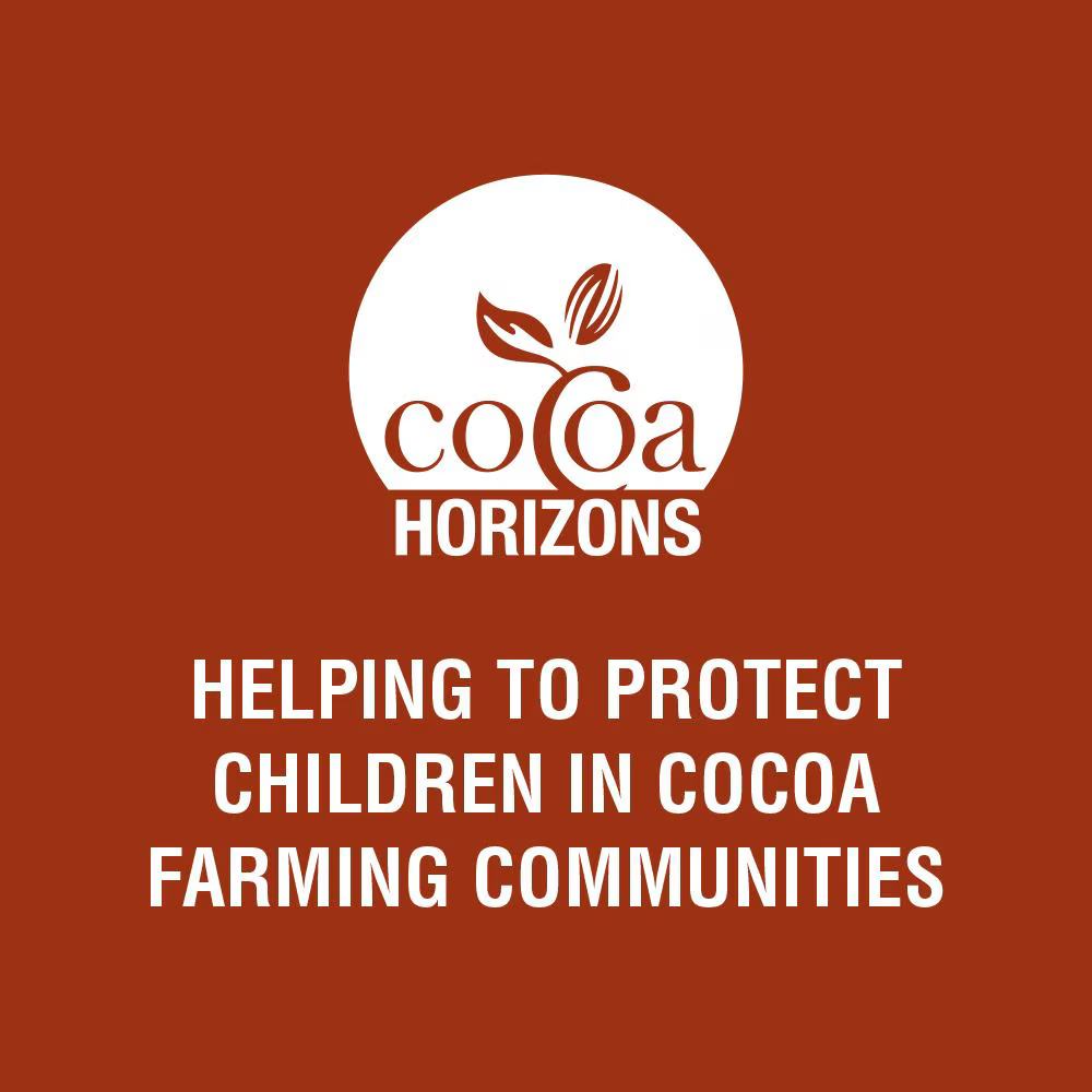 Cocoa Horizons logo on a reddish-brown background with the text “Helping to protect children in cocoa farming communities.