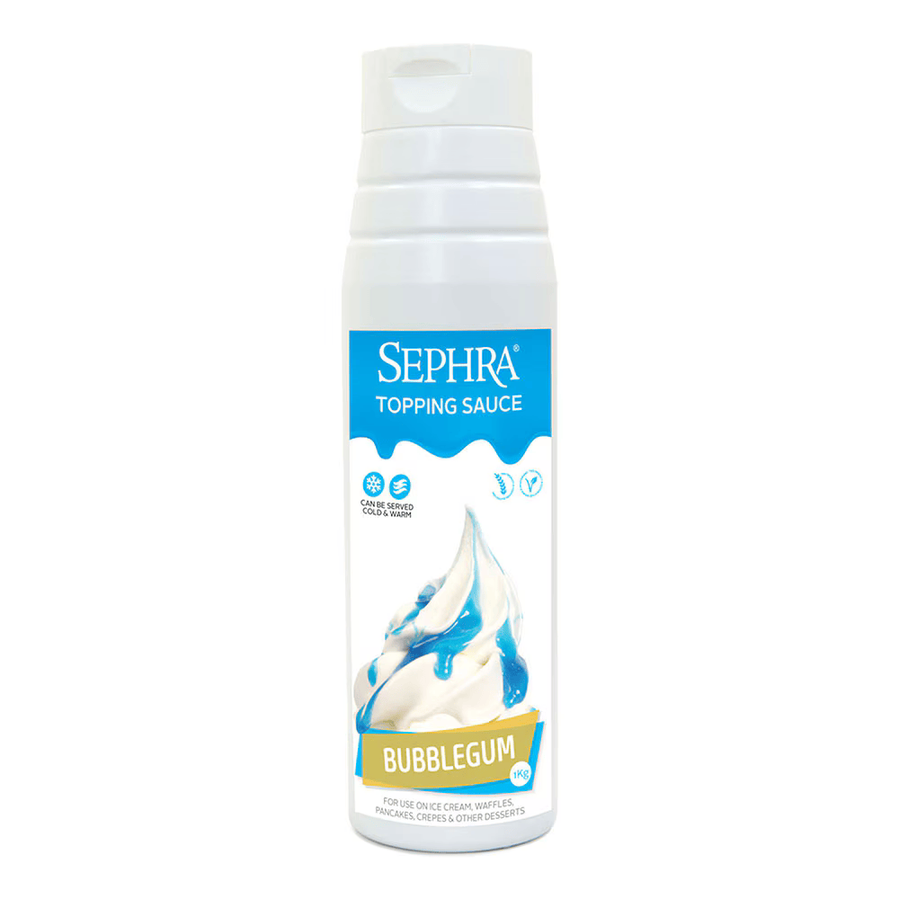 Sephra Bubblegum Topping Sauce 1kg squeezable bottle, bright blue dessert sauce for ice cream, sundaes, puddings, and kids’ desserts.