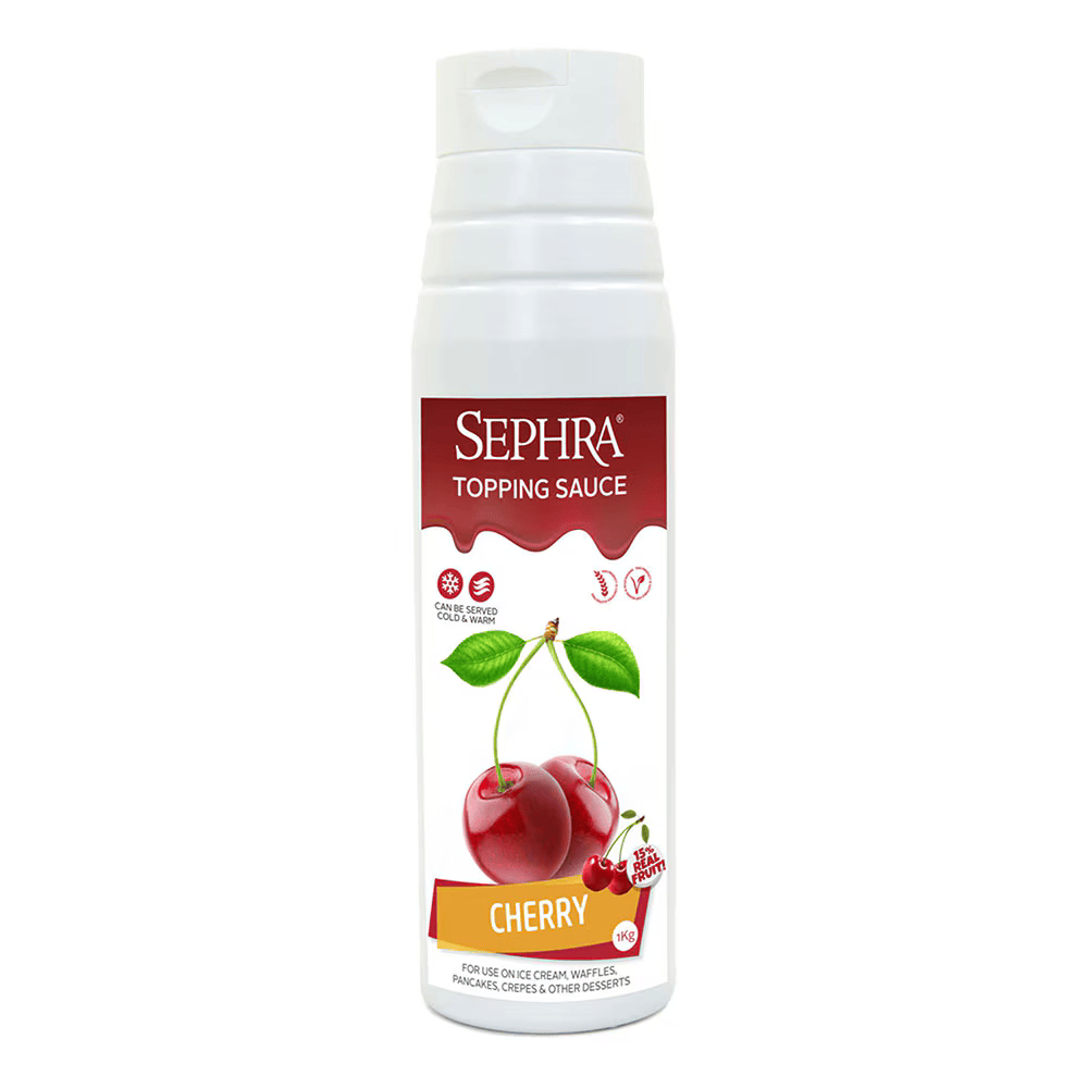 Sephra Cherry Topping Sauce 1kg squeezable bottle, bright red dessert sauce for ice cream, waffles, crepes, pancakes, and sundaes.
