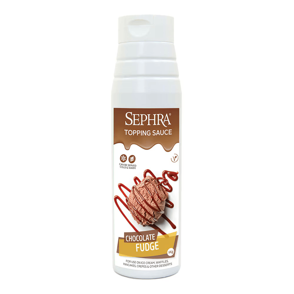 Sephra Chocolate Fudge Topping Sauce 1kg squeezable bottle, rich chocolate dessert sauce for waffles, crepes, pancakes, ice cream, and milkshakes.