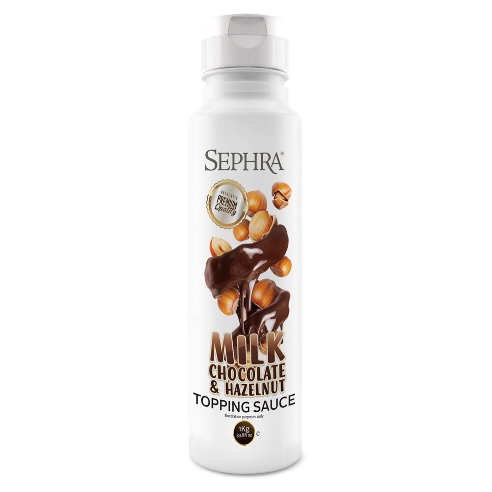 Milk Chocolate & Hazelnut Topping Sauce bottle by Sephra with flip-top cap and image of flowing chocolate and hazelnuts on white packaging.