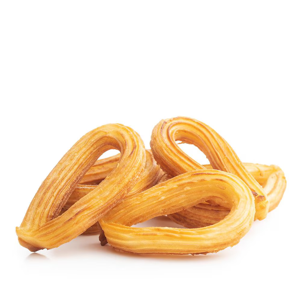 Golden, looped Spanish churros photographed on a clean white background, showcasing crisp ridged texture. Perfect for dessert menus, cafes, street food vendors, and catering using Sephra Instant Churros Mix.