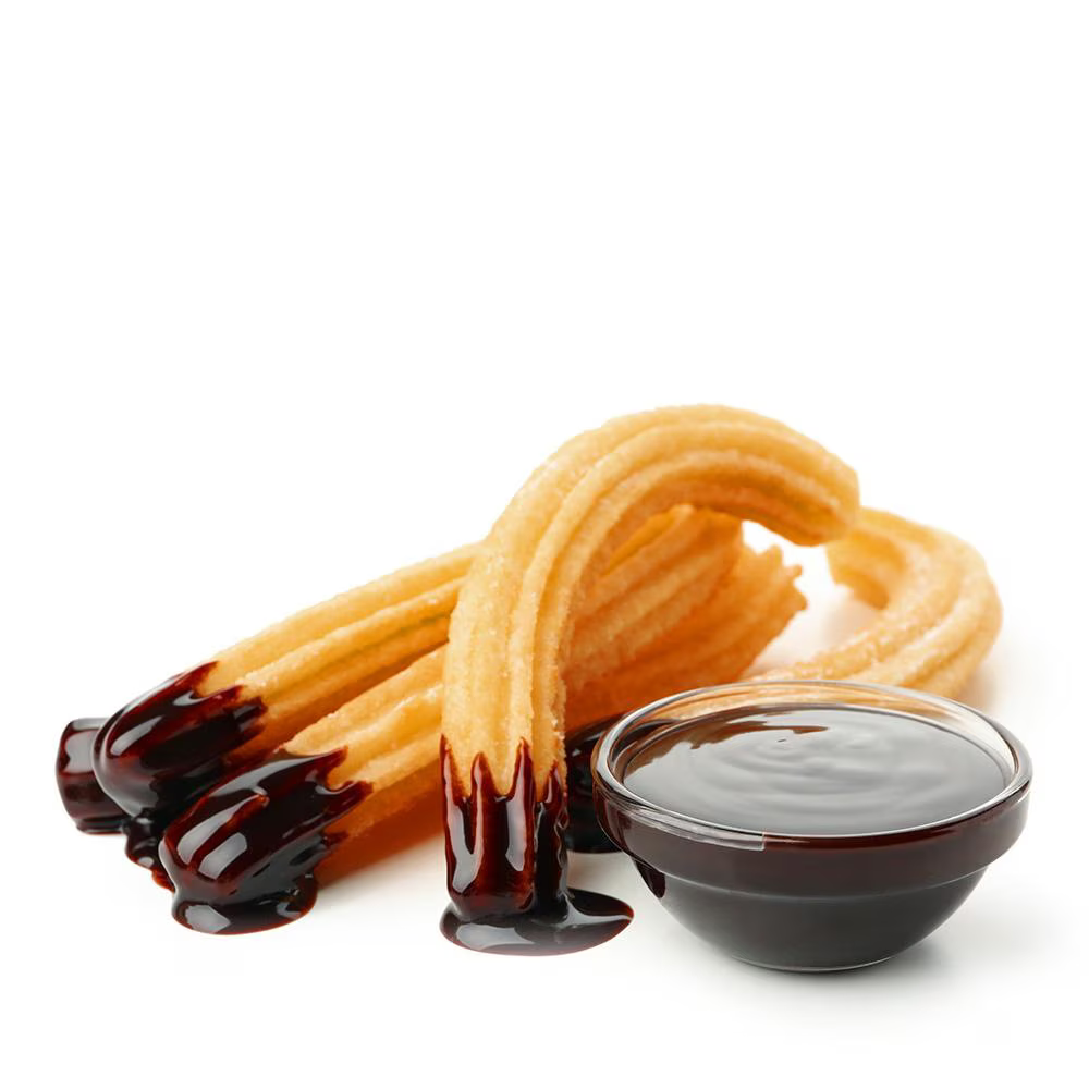 Freshly fried Spanish churros dipped in rich chocolate sauce beside a small dipping bowl, highlighting crispy ridges and indulgent dessert presentation. Ideal for cafes, dessert parlours, street food stalls, and catering promotions.
