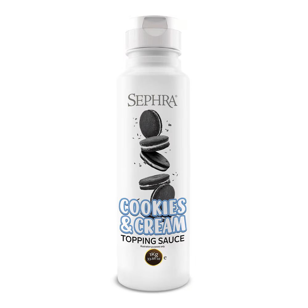 Sephra Cookies & Cream Topping Sauce in a 1kg squeezable bottle with non-drip cap, ideal for drizzling over ice cream, waffles, pancakes, and milkshakes.