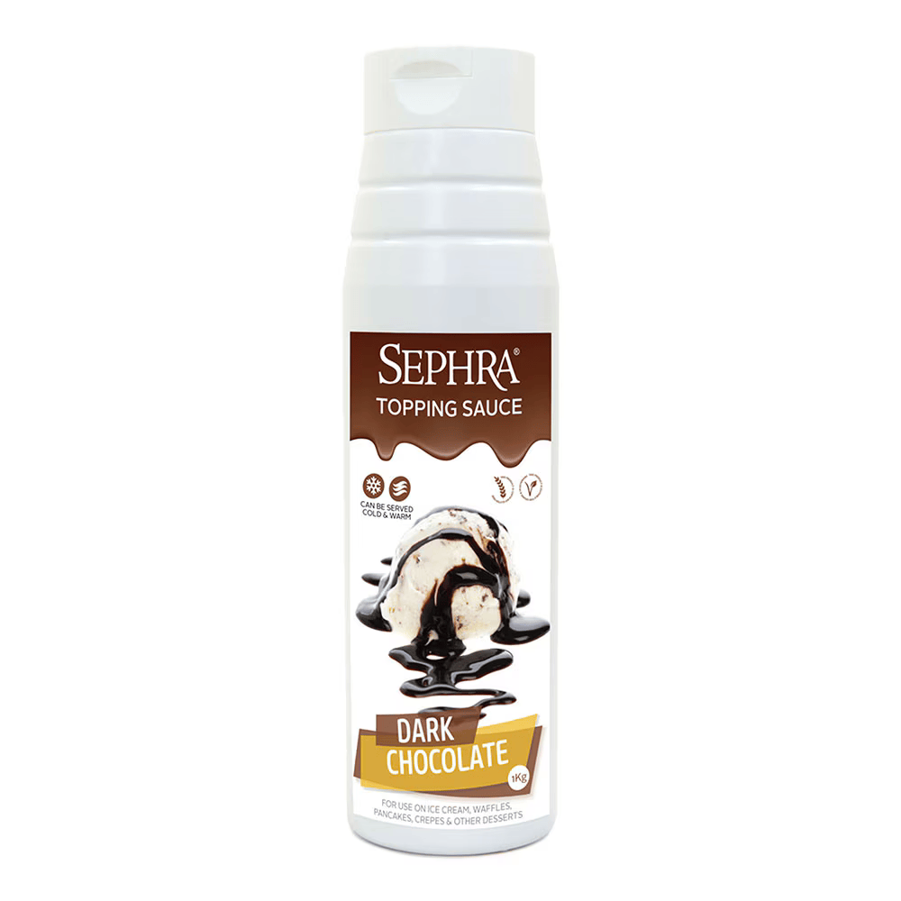 Sephra Dark Chocolate Topping Sauce 1kg squeezable bottle, glossy dessert sauce with rich cocoa flavour for waffles, crepes, ice cream, and premium desserts.