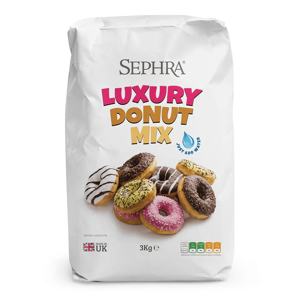 A white 3kg bag of Sephra Luxury Donut Mix with a picture of assorted frosted donuts on the front. The packaging includes the text “Just Add Water” and “Made in UK.”