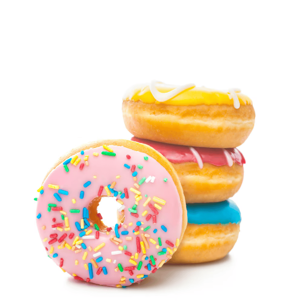 A stack of colorful glazed donuts, including pink with sprinkles, blue, red, and yellow frosted donuts, on a white background.