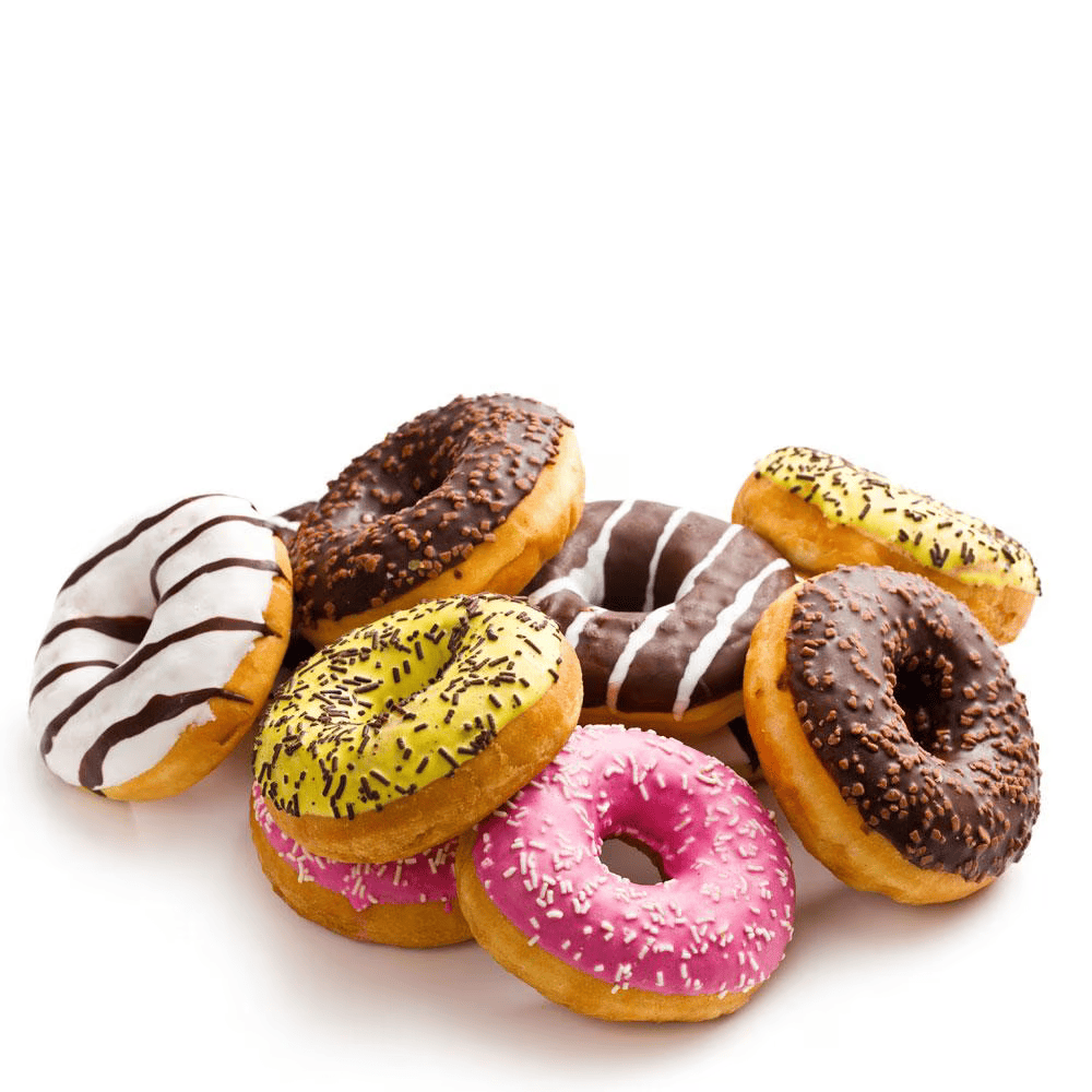 A pile of assorted donuts topped with chocolate, yellow, pink, and white icing, some decorated with sprinkles and stripes.