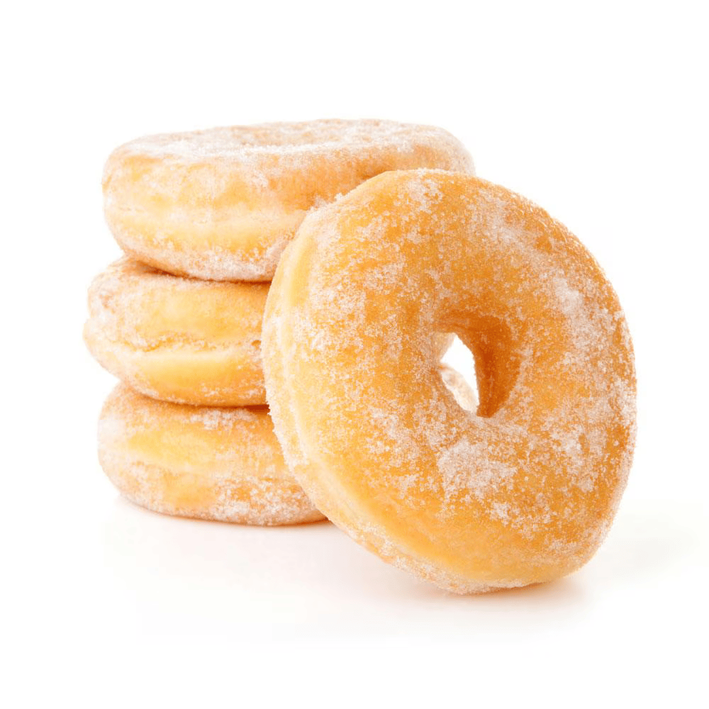A stack of plain sugared ring donuts with a light dusting of sugar on a white background.