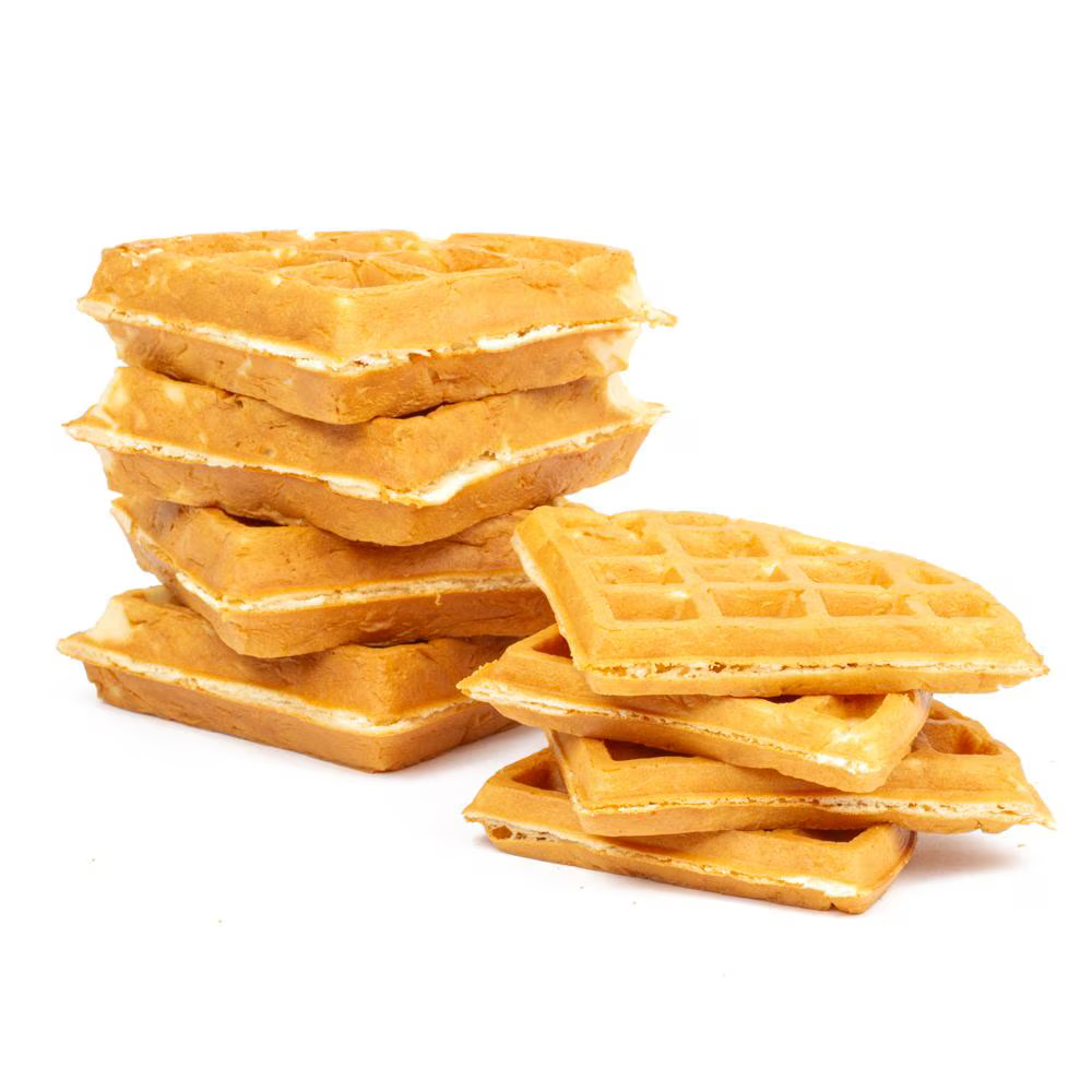 A pile of plain waffles stacked neatly on top of each other, with a plain white background.