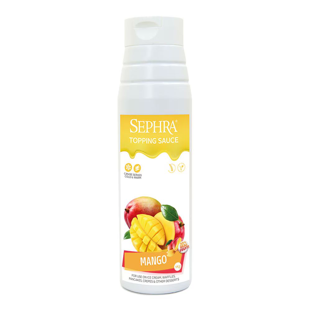 Sephra Mango Topping Sauce 1kg squeezable bottle, golden-yellow tropical dessert sauce for ice cream, waffles, crepes, milkshakes, and sundaes.