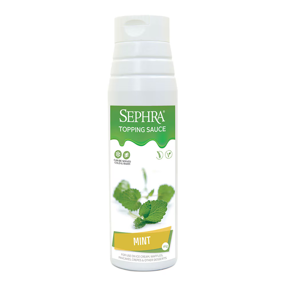 Sephra Mint Topping Sauce 1kg squeezable bottle, pale green peppermint dessert sauce for ice cream, waffles, milkshakes, and festive treats.