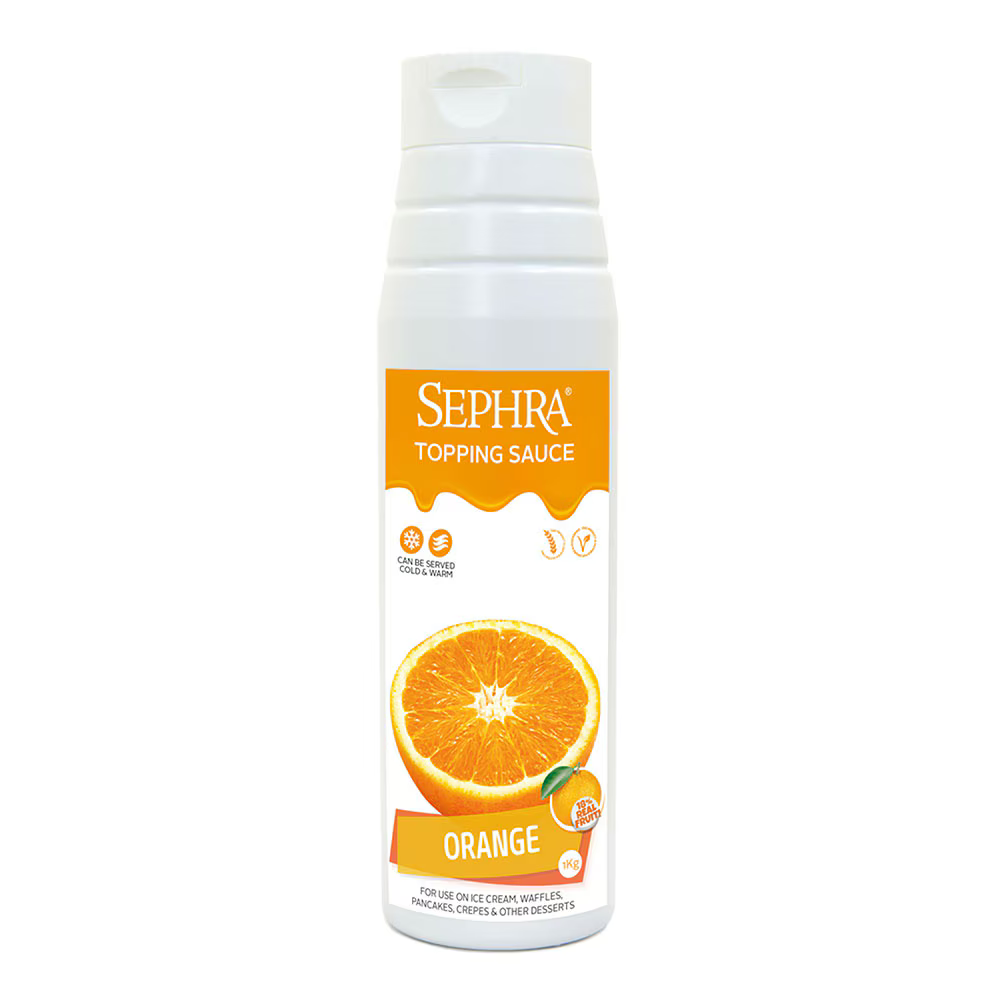Sephra Orange Topping Sauce 1kg squeezable bottle, bright orange dessert sauce for waffles, pancakes, ice cream, milkshakes, and chocolate pairings.