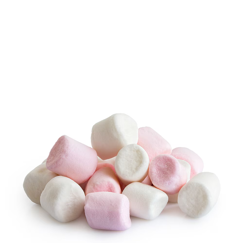 A small pile of pink and white mini marshmallows arranged on a clean white surface.