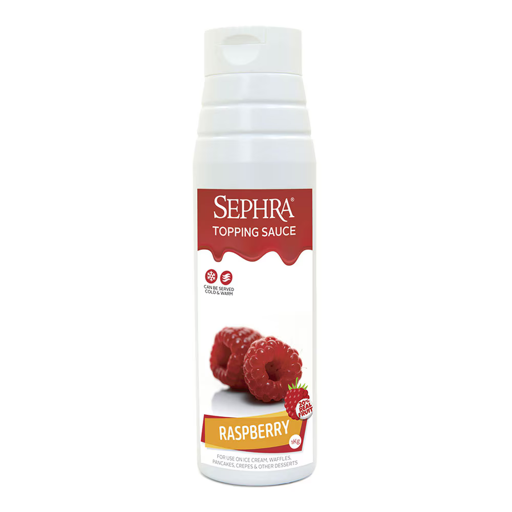 Sephra Raspberry Topping Sauce 1kg squeeze bottle with red label, ideal for drizzling over ice cream, waffles, pancakes, and sundaes.