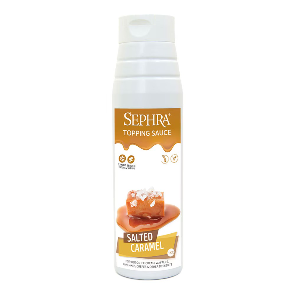 Sephra Salted Caramel Topping Sauce 1kg squeeze bottle smooth golden caramel dessert sauce with a hint of salt, ideal for drizzling over waffles, pancakes, ice cream, and shakes.