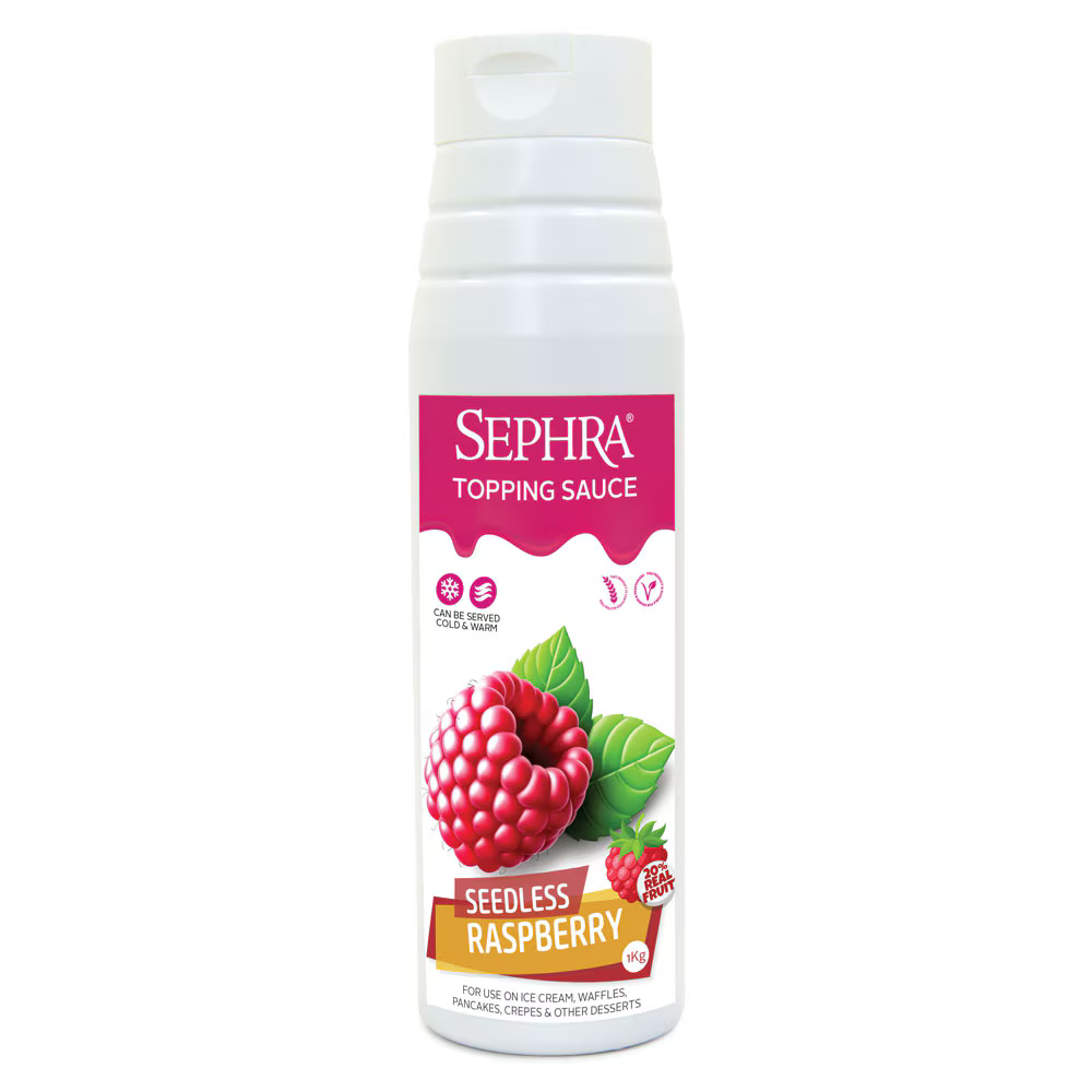 Sephra Seedless Raspberry Topping Sauce 1kg squeeze bottle – smooth, seed-free dessert sauce for drizzling over ice cream, cheesecake, waffles, and shakes.