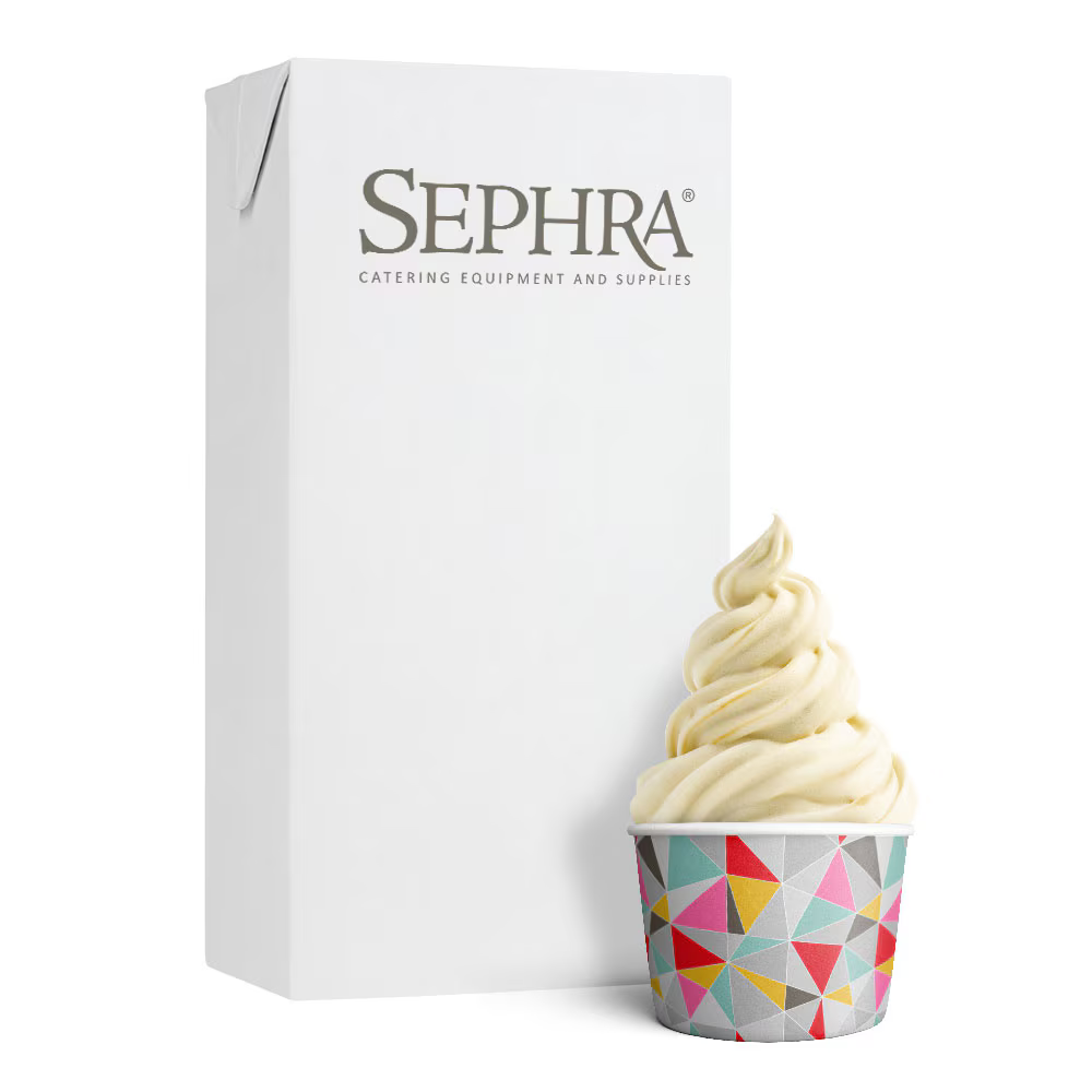 Sephra Soft Serve Vanilla Ice Cream Mix carton, gluten-free and vegetarian-friendly, made with UHT processing for premium soft serve desserts.