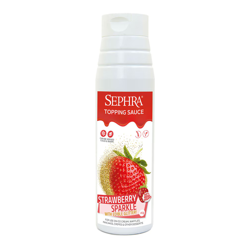 Sephra Strawberry Sparkle Topping Sauce 1kg squeeze bottle strawberry dessert sauce with edible glitter for waffles, sundaes, pancakes, and soft serve.