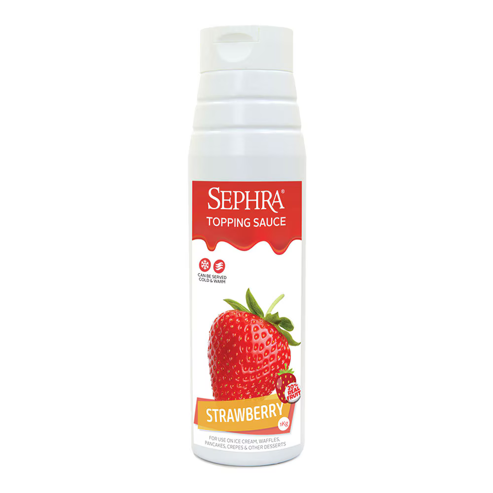 Sephra Strawberry Topping Sauce 1kg squeeze bottle – bright red dessert sauce for ice cream, waffles, pancakes, sundaes, and cakes.