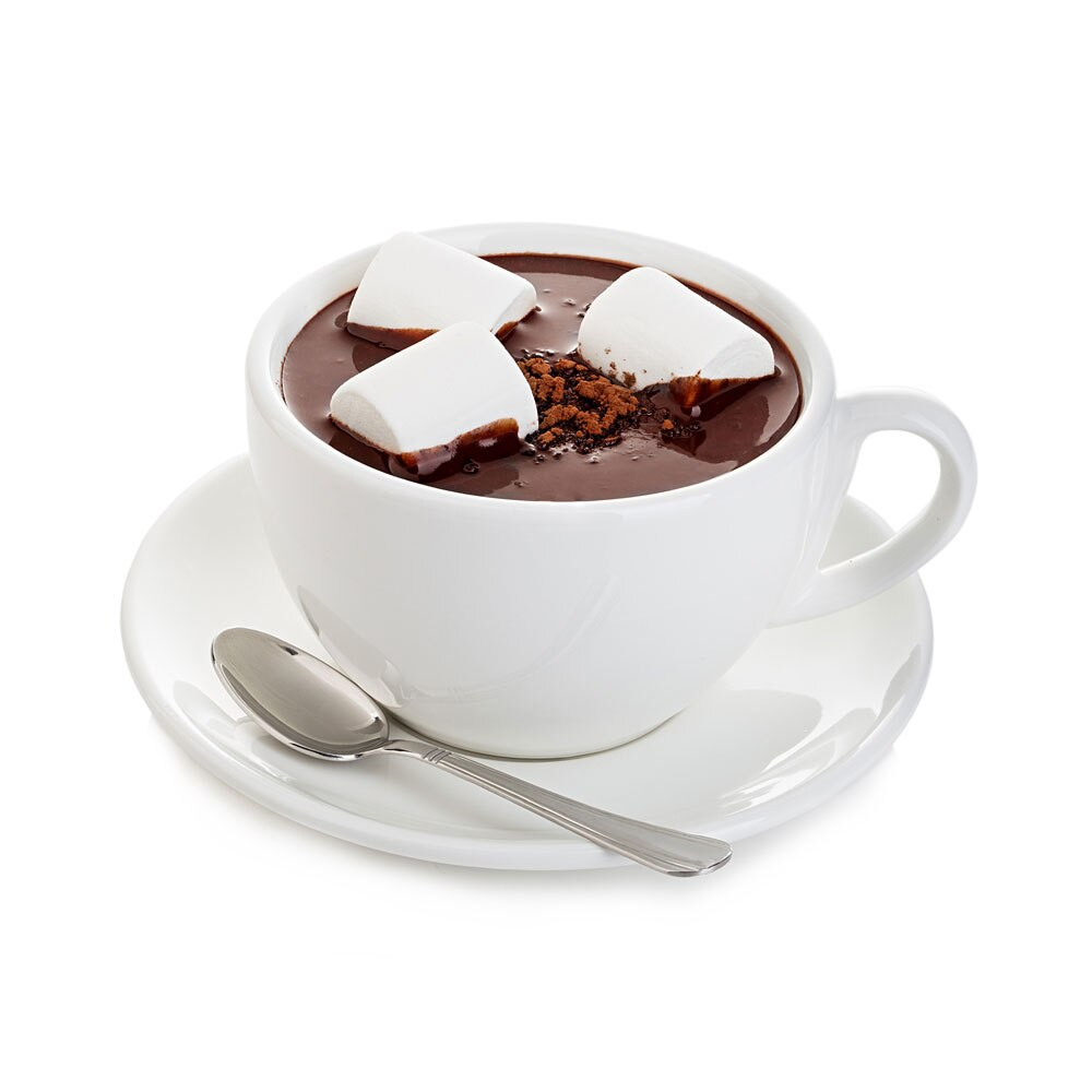 Hot chocolate with marshmallows: A white cup of rich hot chocolate topped with three large marshmallows, a sprinkle of cocoa powder, and served with a spoon on a saucer.