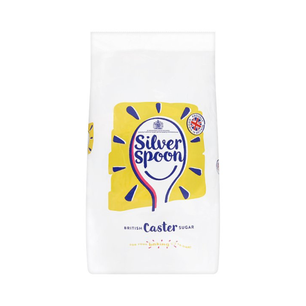 White packaging of Silver Spoon British Caster Sugar with a yellow and blue design featuring a smiling spoon illustration. Bold and cheerful tone.
