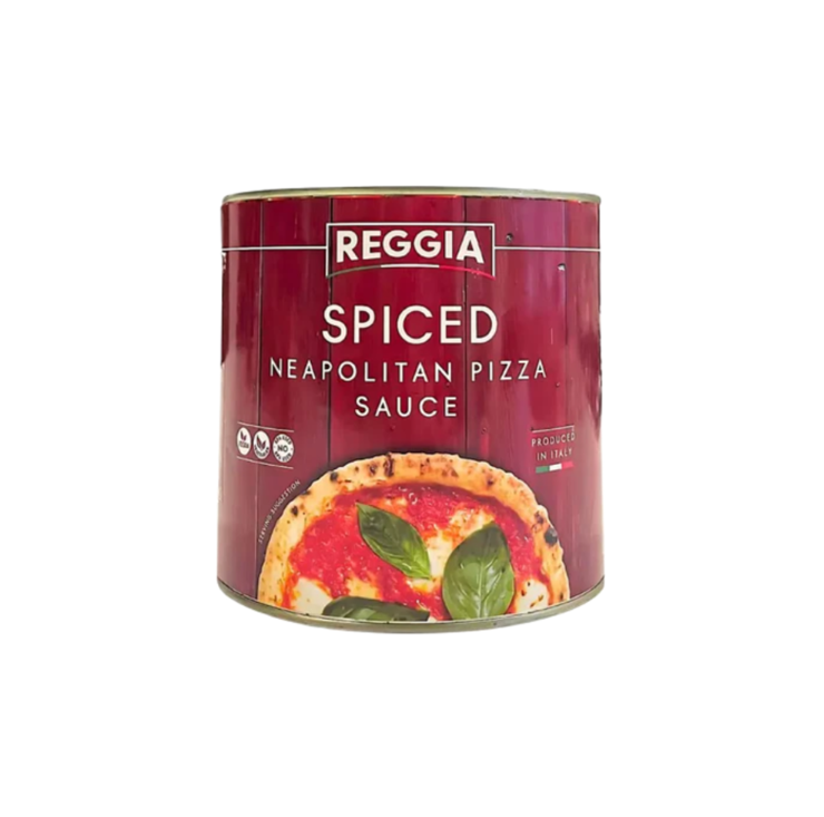Can of Reggia Spiced Neapolitan Pizza Sauce, 2550g, featuring Italian-themed branding and labeled with herbs and spice details.