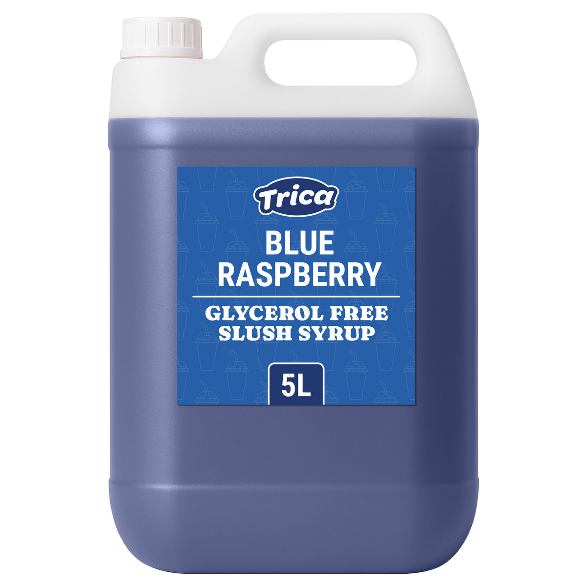 Large blue jug labeled "Trica Blue Raspberry, Glycerol Free Slush Syrup, 5L." The design is minimal, conveying a refreshing tone.
