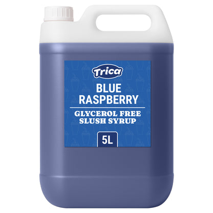 Large blue jug labeled "Trica Blue Raspberry, Glycerol Free Slush Syrup, 5L." The design is minimal, conveying a refreshing tone.