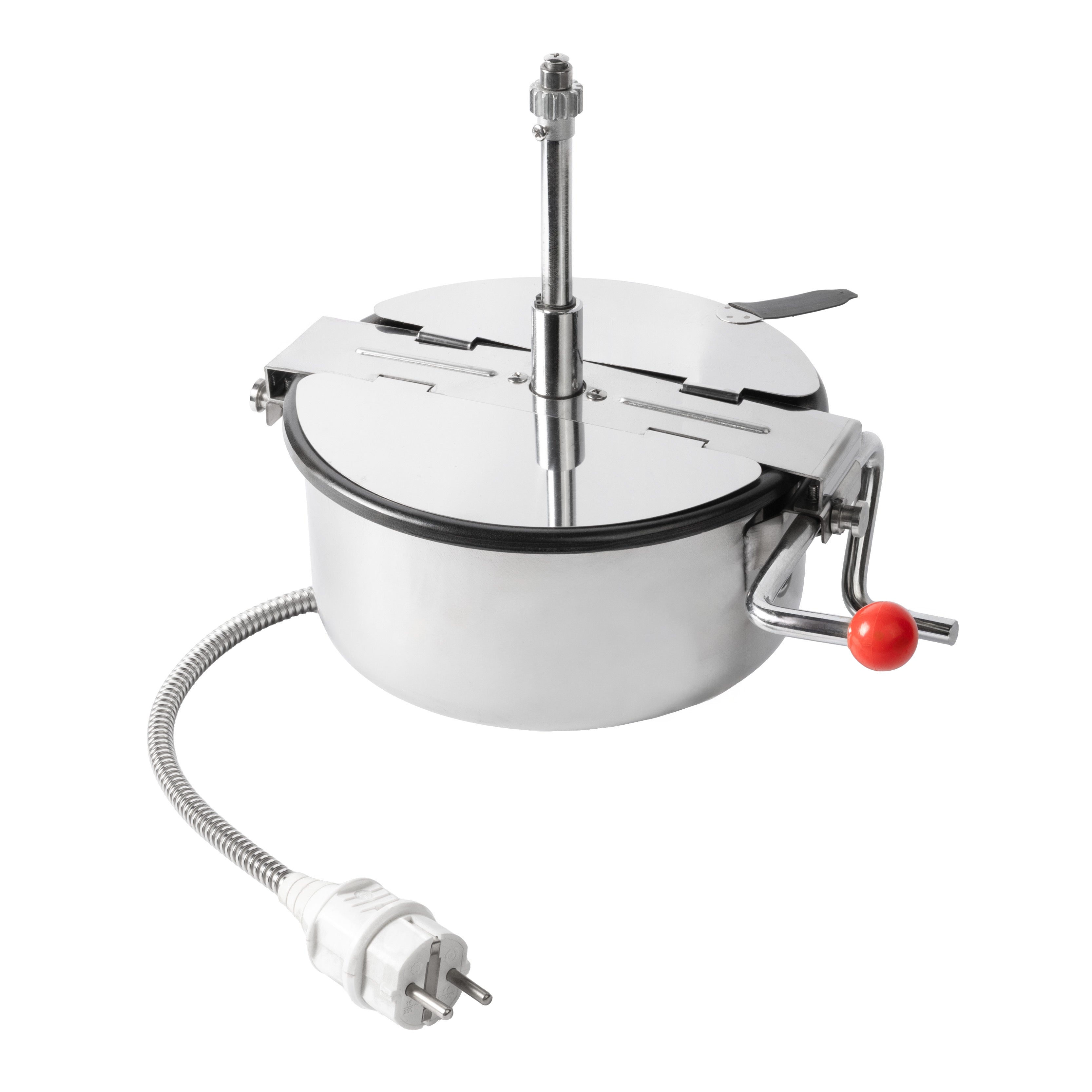 A shiny metal cooking pot with a lid has a handle featuring a red knob. A flexible metal cable extends to an electrical plug, suggesting an automated function.