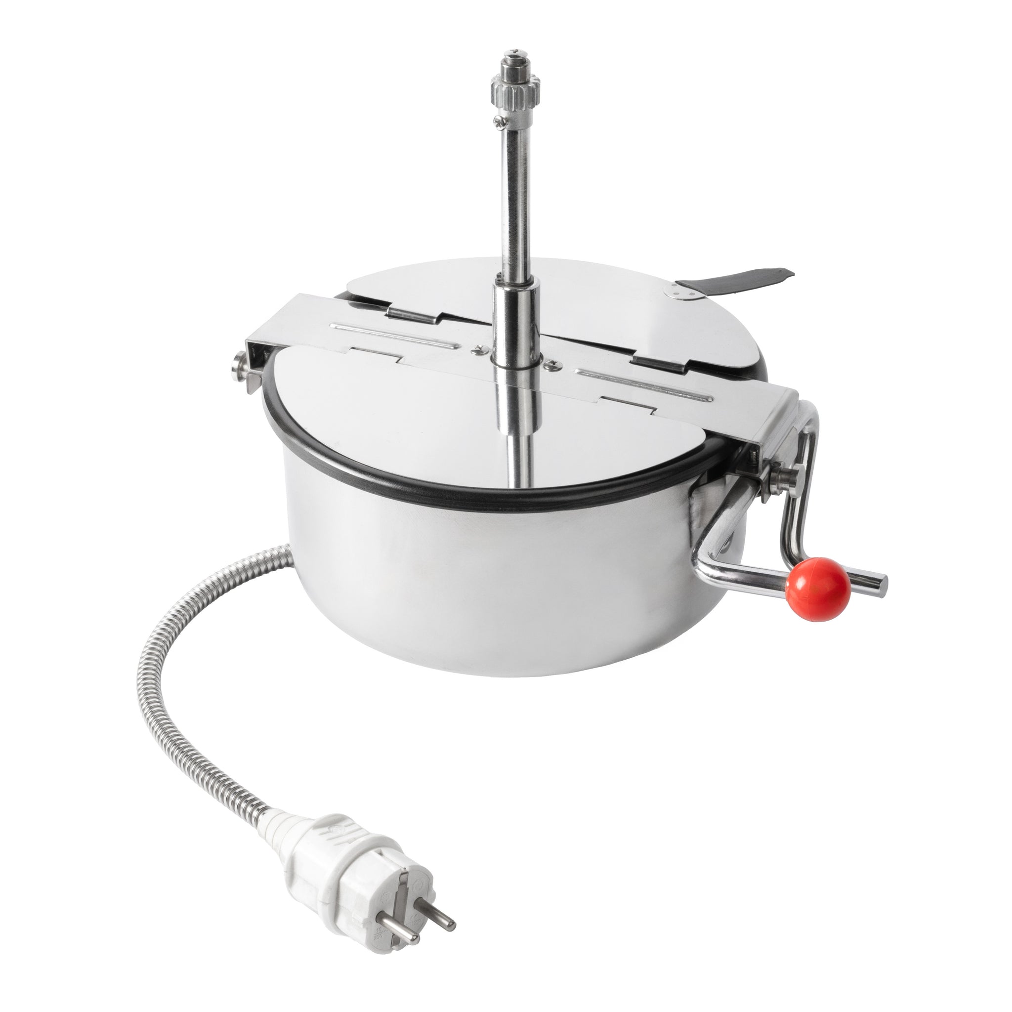 A shiny metal cooking pot with a lid has a handle featuring a red knob. A flexible metal cable extends to an electrical plug, suggesting an automated function.